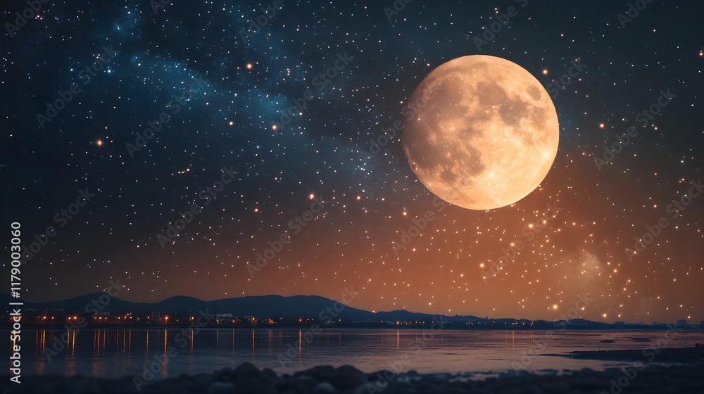 Naklejka premium A background of a starry night sky with a bright full moon and constellations.