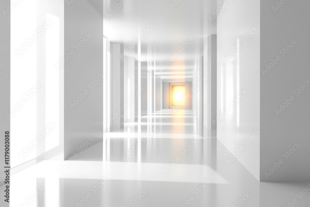 Bright sunlit white hallway, receding perspective, modern architecture, hope concept Bright sunlit white hallway, receding perspective, modern architecture, hope concept
