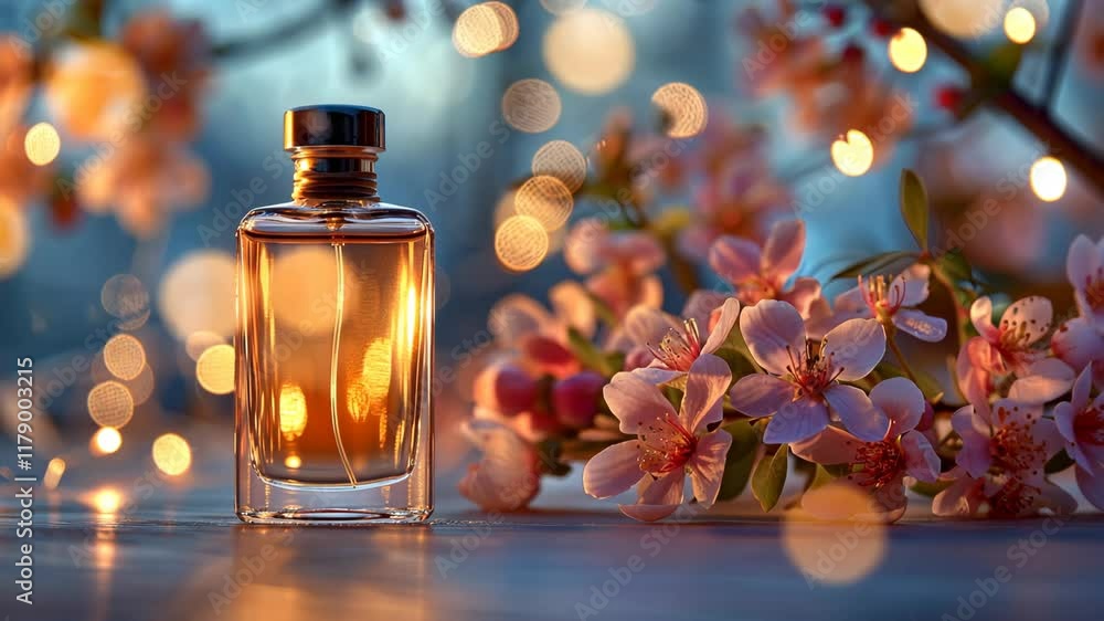 Elegant perfume bottle with blooming branch in the background Elegant perfume bottle with blooming branch in the background