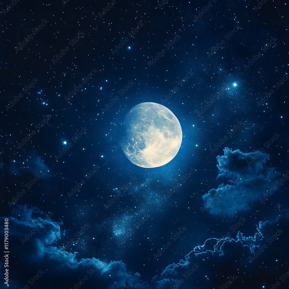 A background of a starry night sky with a bright full moon and constellations. A background of a starry night sky with a bright full moon and constellations.