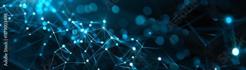 Abstract background with blue glowing dots and lines forming an intricate network of connections on a dark backdrop.