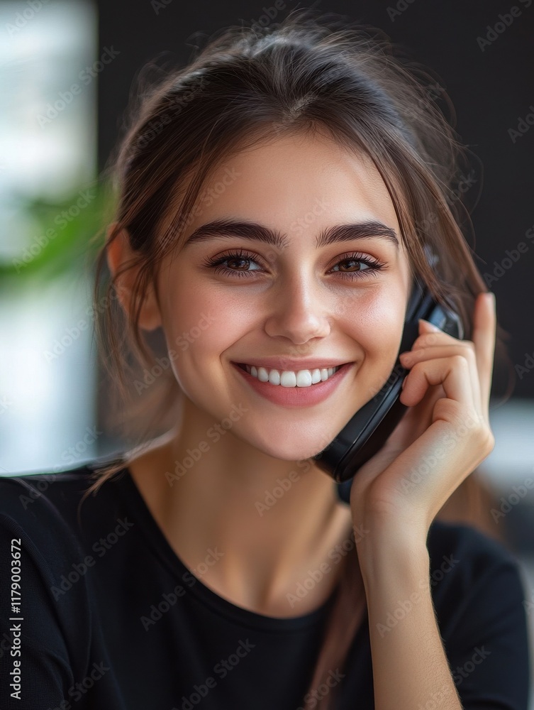 A portrait of a smiling brunette receptionist talking on telephone in the office with selective focus A portrait of a smiling brunette receptionist talking on telephone in the office with selective focus