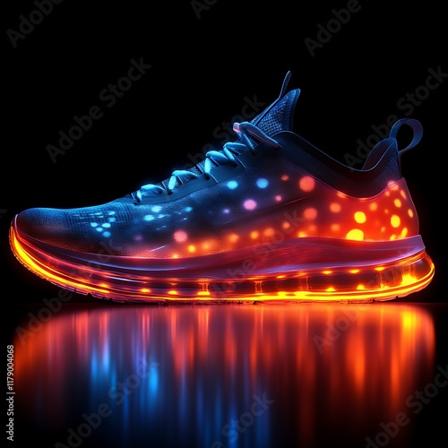 Glowing futuristic sneaker with vibrant lights. photo