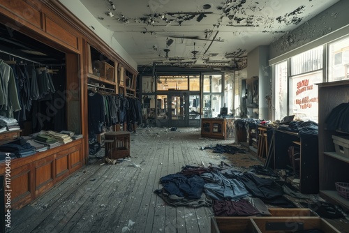 Abandoned clothing store interior slung derelict forsaken outcast photo