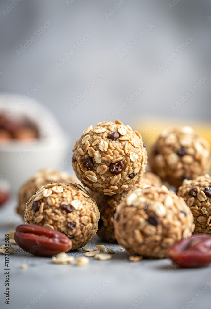 No bake raw energy protein balls with oats nuts and dates, selective focus, angled photoshot, with white tones No bake raw energy protein balls with oats nuts and dates, selective focus, angled photoshot, with white tones