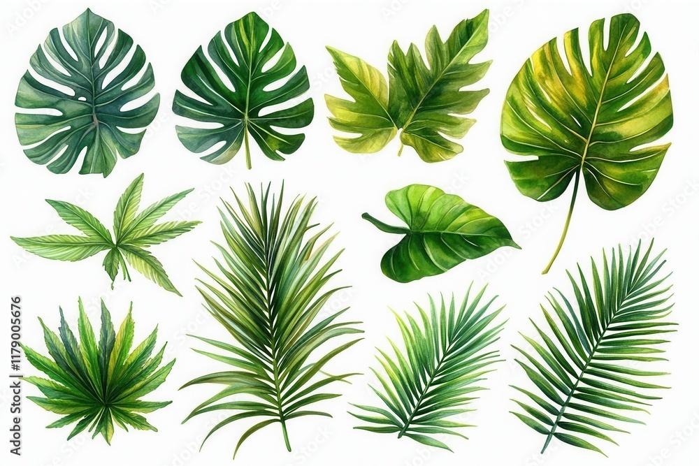 A collection of various tropical leaves illustrated in vibrant colors. A collection of various tropical leaves illustrated in vibrant colors.
