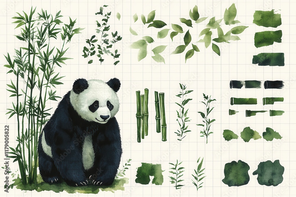 Naklejka premium Watercolor illustration of a panda surrounded by bamboo and leaves, showcasing nature's beauty.