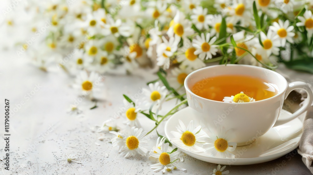 Cup of chamomile tea on white wooden table Cup of chamomile tea on white wooden table