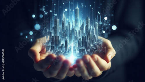Innovative cityscape visualization hands holding miniature skyline digital art futuristic close-up