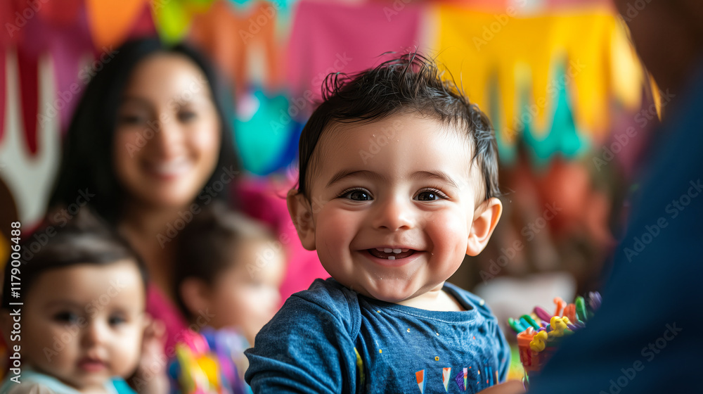 Family Celebration with a Latino Baby at the Center of a Birthday Party Family Celebration with a Latino Baby at the Center of a Birthday Party
