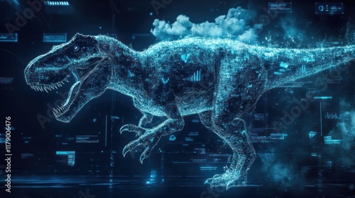 Digital T-Rex, futuristic, glowing, prehistoric, technology, data, overlay, dynamic,  illustration,  ancient,  evolution,  3d,  virtual,  graphic,  modern,  science,  graphic design,  animation,  repr photo