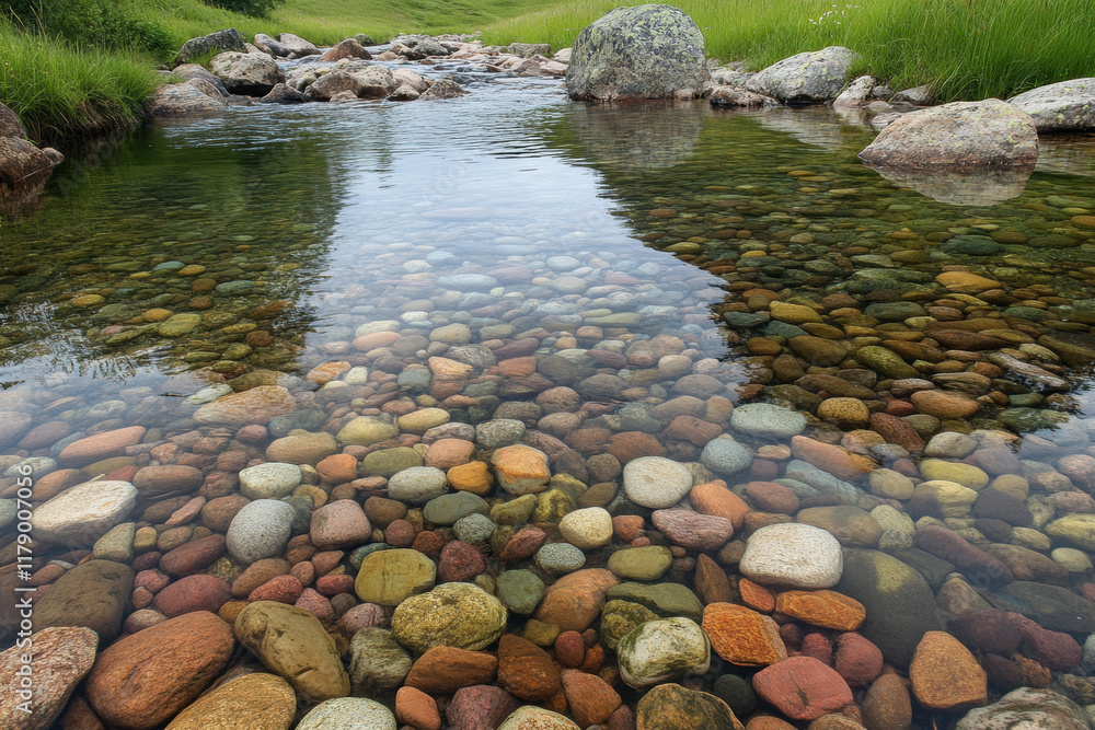 Clear water reveals colorful stones beneath surface, creating serene natural scene. Lush green grass frames tranquil stream, enhancing peaceful atmosphere Clear water reveals colorful stones beneath surface, creating serene natural scene. Lush green grass frames tranquil stream, enhancing peaceful atmosphere