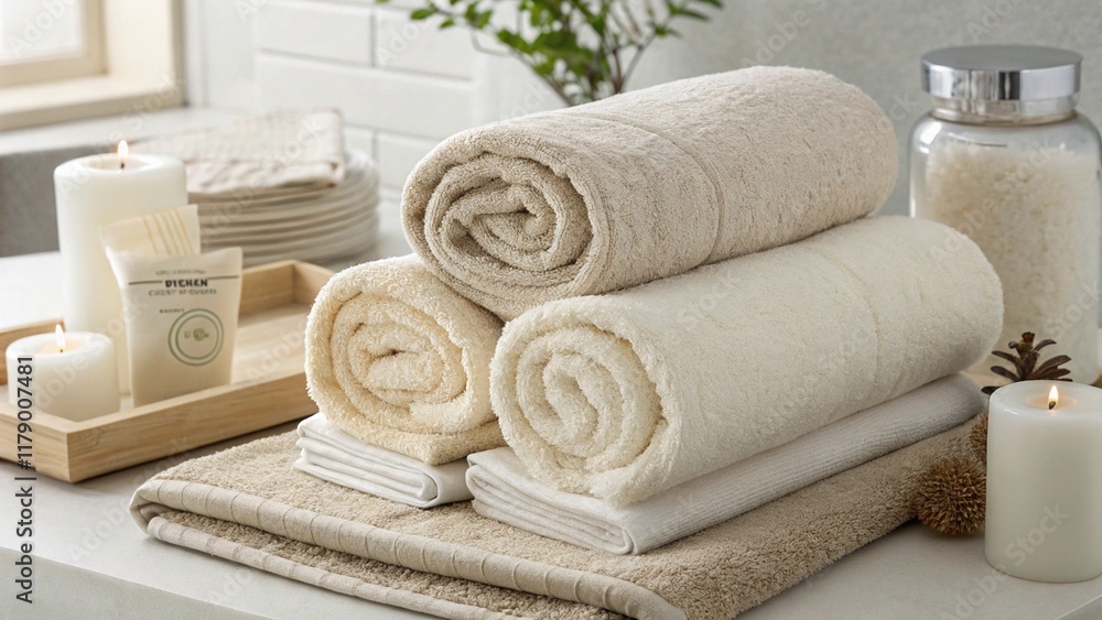 Luxury spa towels, soft cotton bath linens, rolled white and beige towels, stacked bathroom accessories, minimalist bathroom decor, high-end hotel amenities, pristine bathroom setting, natural light, Luxury spa towels, soft cotton bath linens, rolled white and beige towels, stacked bathroom accessories, minimalist bathroom decor, high-end hotel amenities, pristine bathroom setting, natural light,