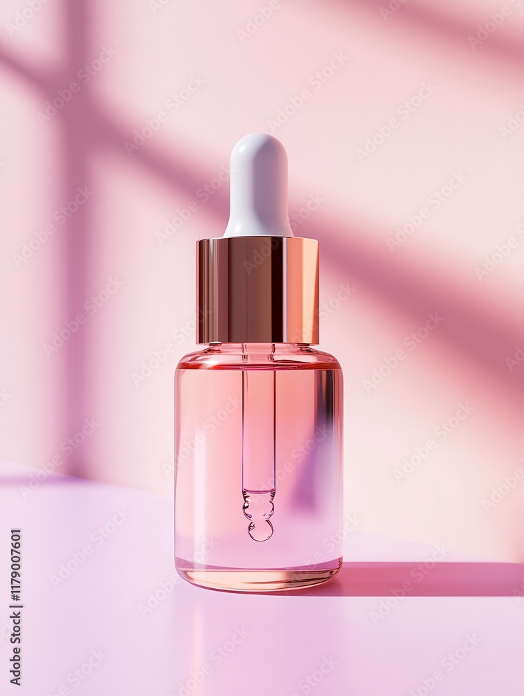 A chic serum bottle with a dropper stands against a soft pink background. Natural light creates gentle shadows, highlighting the sleek design and tranquil colors perfect for skincare products A chic serum bottle with a dropper stands against a soft pink background. Natural light creates gentle shadows, highlighting the sleek design and tranquil colors perfect for skincare products
