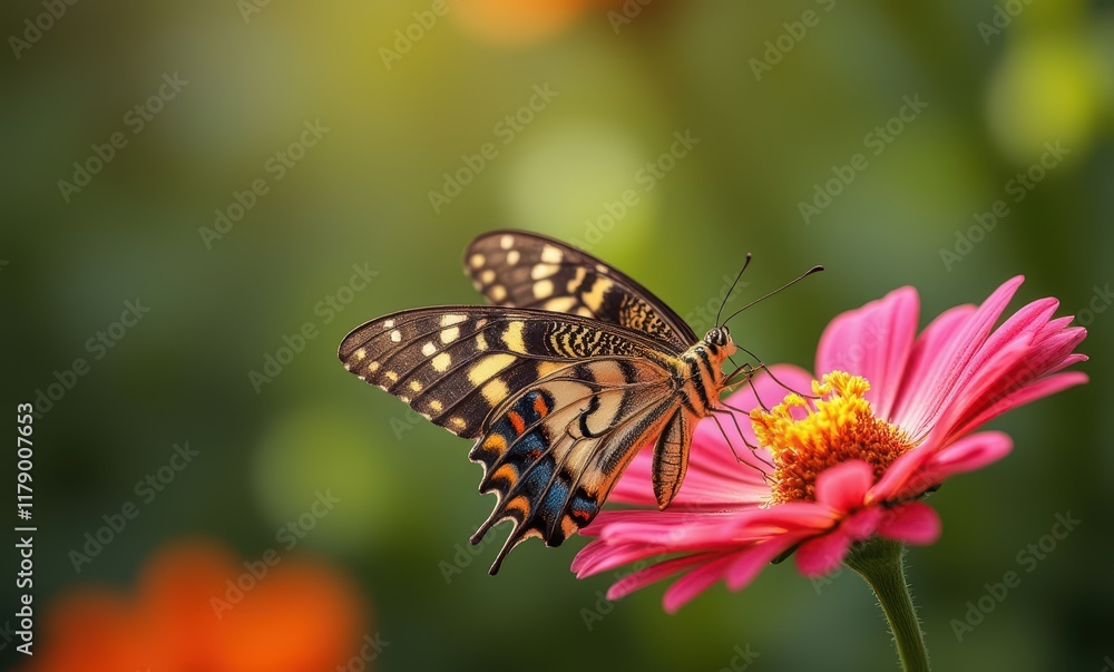 Colorful butterfly perched on pink flower Colorful butterfly perched on pink flower
