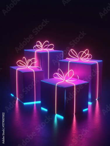 Multiple gift boxes with vibrant neon outlines are displayed against a dark background. The colorful lights enhance the festive mood suitable for various celebrations