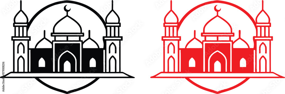 Mosque icon, circular design, minimalist illustration, black and red versions, Islamic architecture, domed roof, minarets, arched entrance, symmetrical composition, line drawing, geometric shapes, sim Mosque icon, circular design, minimalist illustration, black and red versions, Islamic architecture, domed roof, minarets, arched entrance, symmetrical composition, line drawing, geometric shapes, sim