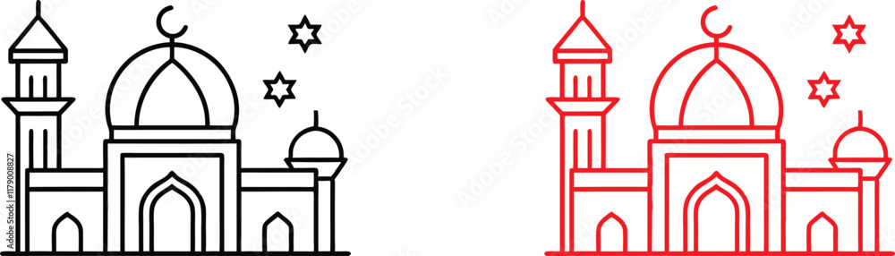 Mosque icon, circular design, minimalist illustration, black and red versions, Islamic architecture, domed roof, minarets, arched entrance, symmetrical composition, line drawing, geometric shapes, sim Mosque icon, circular design, minimalist illustration, black and red versions, Islamic architecture, domed roof, minarets, arched entrance, symmetrical composition, line drawing, geometric shapes, sim