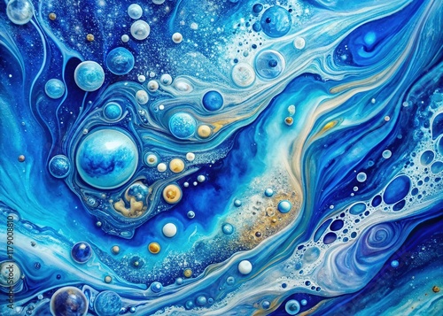 Celestial Bluescape: Abstract Fluid Acrylic Pour Painting of Ocean Swirls and Bubbles photo