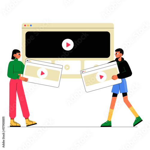 Two Characters Holding Video Content Windows In Flat Vector Illustration Symbolizing Online Media Sharing, Creativity, And Content Creation, Isolated On White Background.