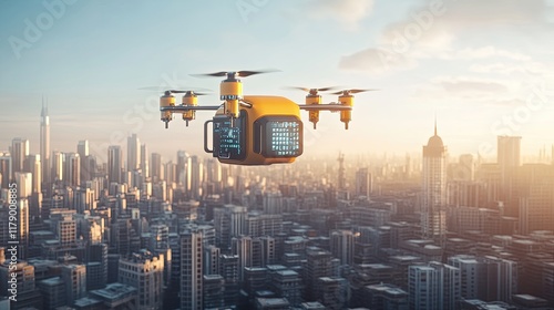 Futuristic drone delivery above city skyline at sunrise. photo