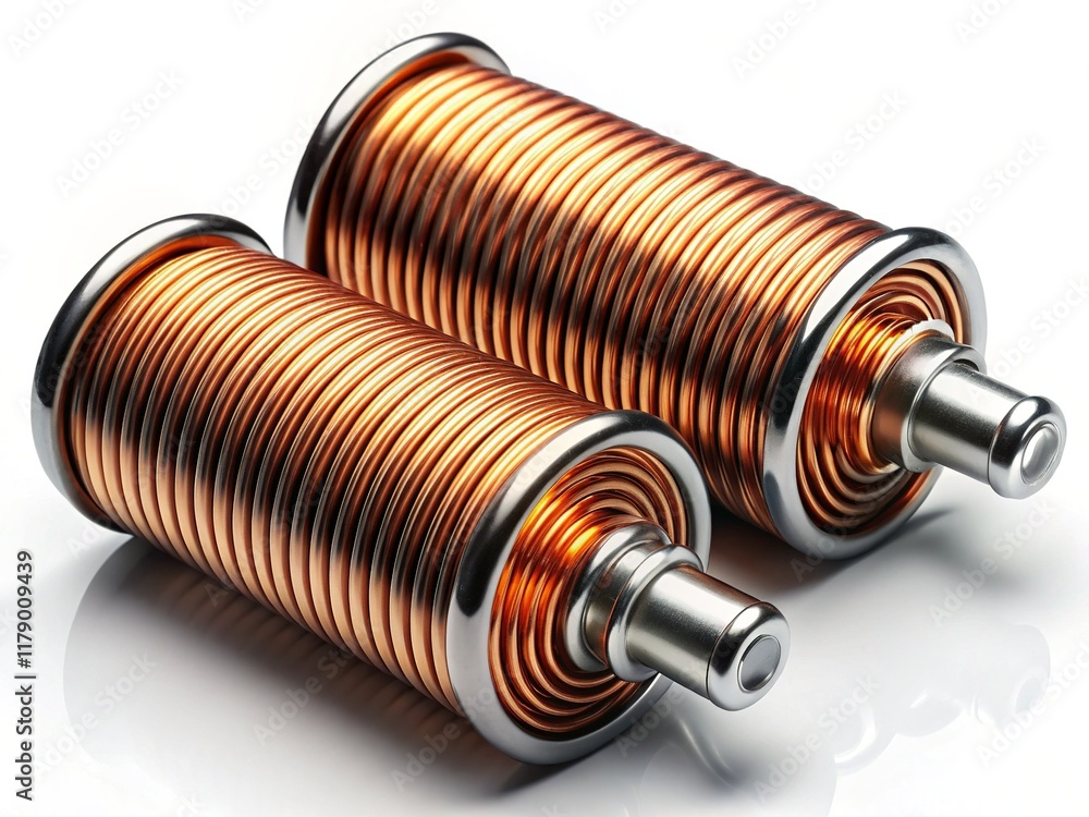 Close-up of Two Helical Copper Wire Solenoids on White Background - Electronic Components, Electromagnets, Inductors Close-up of Two Helical Copper Wire Solenoids on White Background - Electronic Components, Electromagnets, Inductors