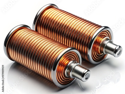 Close-up of Two Helical Copper Wire Solenoids on White Background - Electronic Components, Electromagnets, Inductors photo