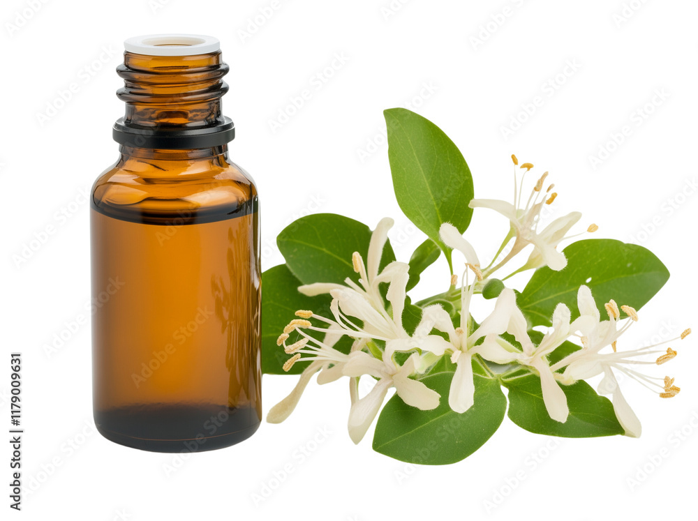 Honeysuckle essential oil bottle with Honeysuckle flower next to, isolated Honeysuckle essential oil bottle with Honeysuckle flower next to, isolated