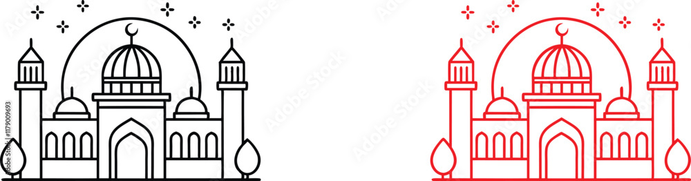 Mosque icon, circular design, minimalist illustration, black and red versions, Islamic architecture, domed roof, minarets, arched entrance, symmetrical composition, line drawing, geometric shapes, sim Mosque icon, circular design, minimalist illustration, black and red versions, Islamic architecture, domed roof, minarets, arched entrance, symmetrical composition, line drawing, geometric shapes, sim