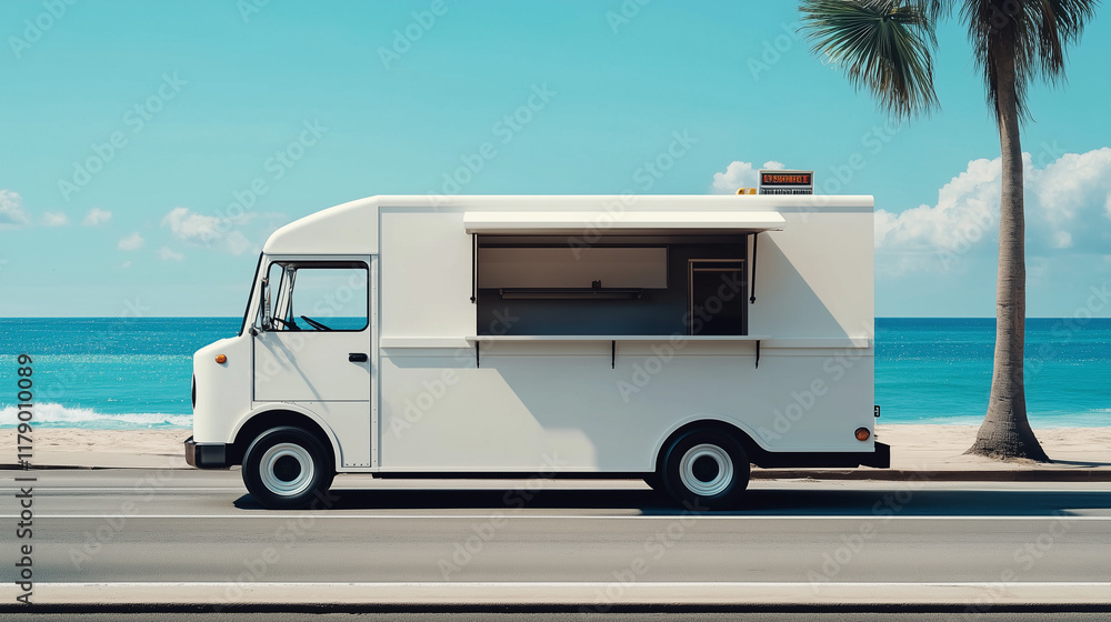 white food truck parked on the side of the road, beach background with blue sky, Ai generated image white food truck parked on the side of the road, beach background with blue sky, Ai generated image