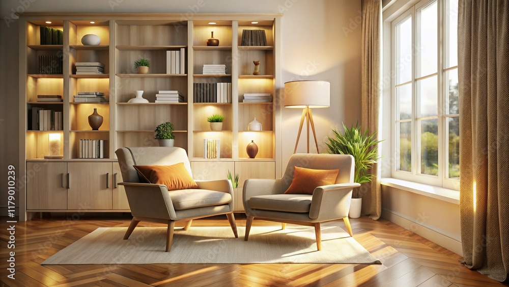 Fototapeta premium Cozy Living Room Interior Design Mockup: Long Exposure of Armchair, Bookshelf & Cabinet