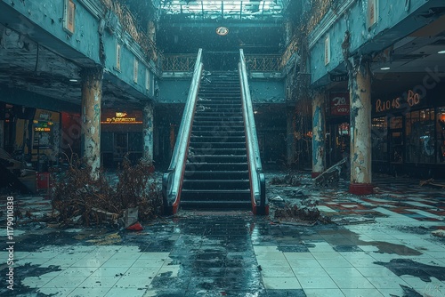 Abandoned shopping plaze interior slung derelict forsaken outcast photo