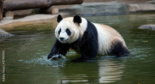 Playful giant panda in water at a zoo habitat photo