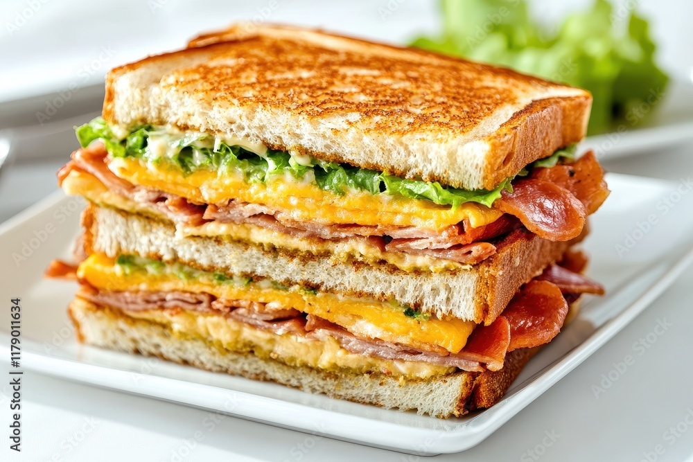 Grilled Ham & Cheese Sandwich on Plate, Kitchen Setting Grilled Ham & Cheese Sandwich on Plate, Kitchen Setting