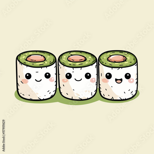 Cute sushi rolls with smiling faces, playful design.