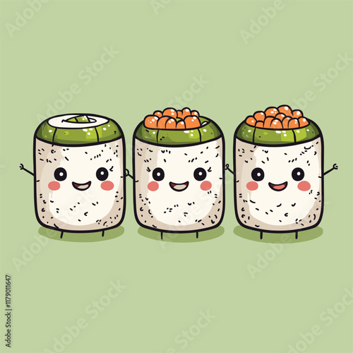 Cute sushi rolls with smiling faces, playful design.