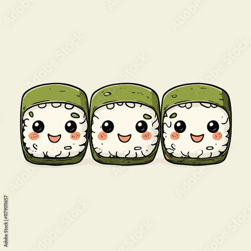 Cute sushi rolls with smiling faces, playful design.