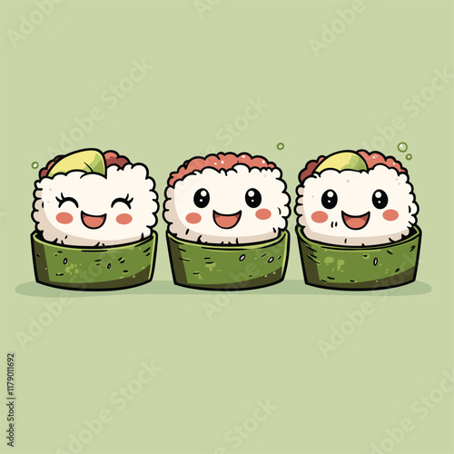 Cute sushi rolls with smiling faces, playful design.