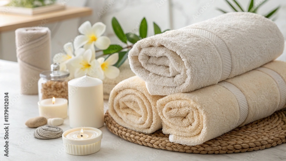 Spa towels, rolled white fluffy towels, aromatherapy candles, white orchid flowers, zen stones, natural textures, soft lighting, beige tones, wicker tray, relaxation, tranquility, wellness, hygge, hig Spa towels, rolled white fluffy towels, aromatherapy candles, white orchid flowers, zen stones, natural textures, soft lighting, beige tones, wicker tray, relaxation, tranquility, wellness, hygge, hig