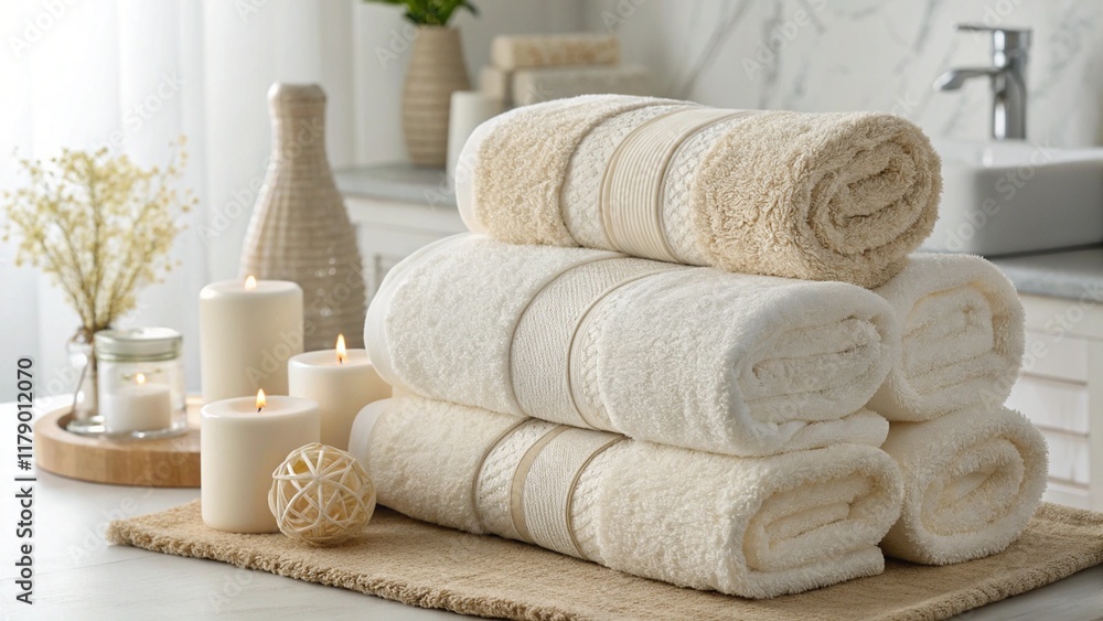 Soft luxurious bath towels, stacked neatly, neutral tones, beige and cream colors, spa-like bathroom setting, elegant bathroom accessories, ceramic vase, decorative tray, soap dispenser, minimalist de Soft luxurious bath towels, stacked neatly, neutral tones, beige and cream colors, spa-like bathroom setting, elegant bathroom accessories, ceramic vase, decorative tray, soap dispenser, minimalist de