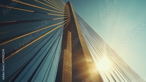 Elevated perspective of a modern cable-stayed bridge's support structure, showcasing intricate cable design against a vibrant blue sky with sunlight radiating through. photo