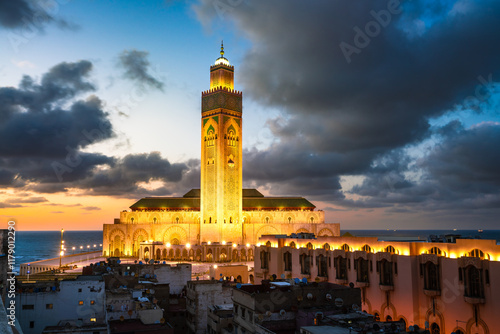Hassan II mosque at dusk, Casablanca, Morocco