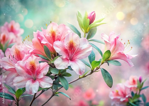 Double Exposure Azalea Bloom: Watercolor Floral Art, Pink Red Petals, Green Leaves