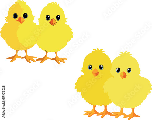 Two pairs of cute cartoon chicks standing together