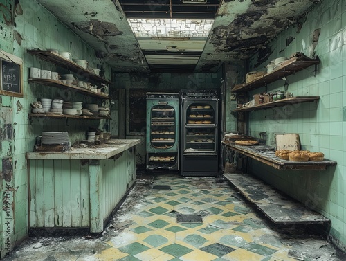 Abandoned bakery pastry shop interior slung derelict forsaken outcast photo