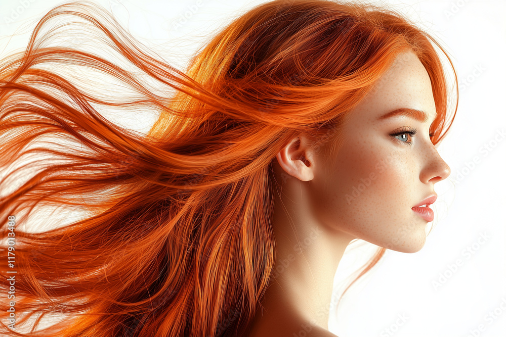 portrait of a woman with long red hair on white background portrait of a woman with long red hair on white background