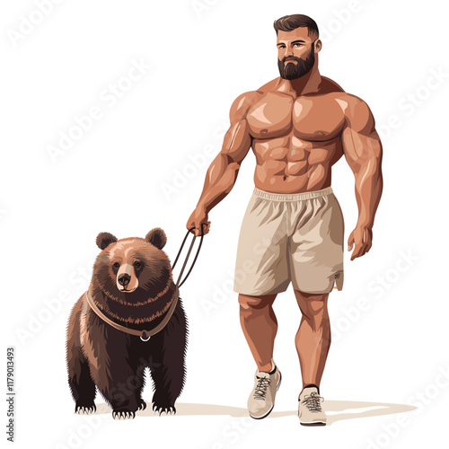 Muscular man walking bear on leash, plain background.