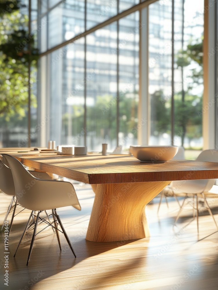 Fototapeta premium Wooden table in sunny office with big windows
