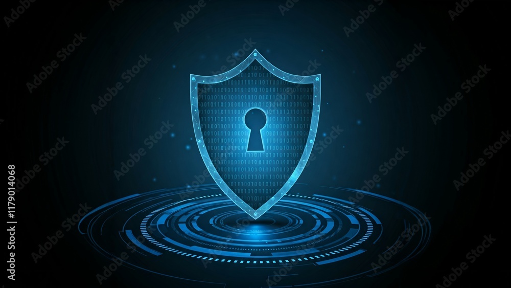 Fototapeta premium Digital blue shield with a keyhole symbolizing cyber security on a dark background with concentric circles.
