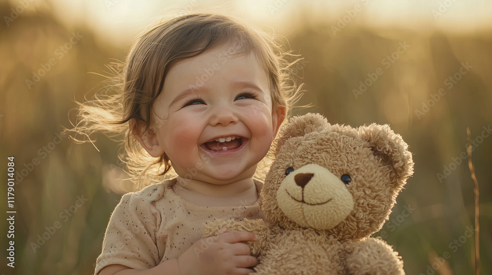 A Happy Toddler Laughing While Holding a Teddy Bear A Happy Toddler Laughing While Holding a Teddy Bear
